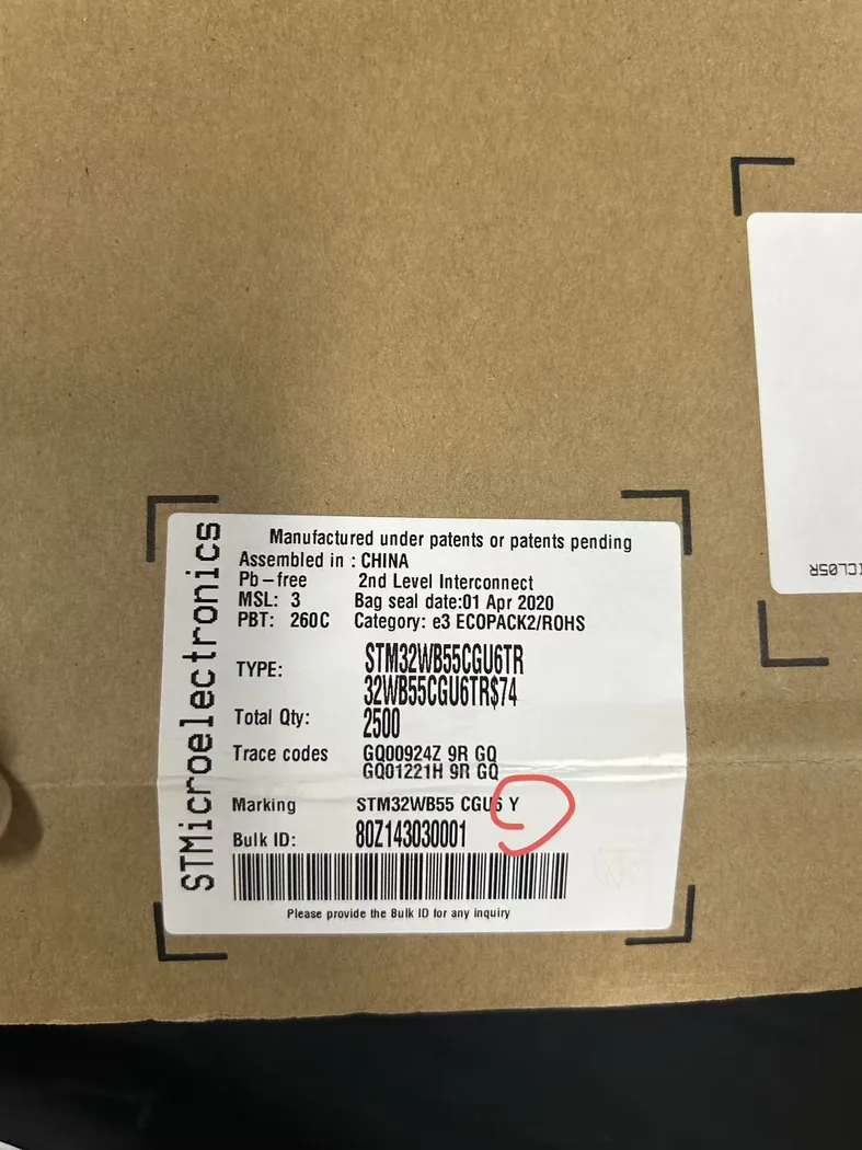 STM32WB55CGU6TR factory carton label real stock photo